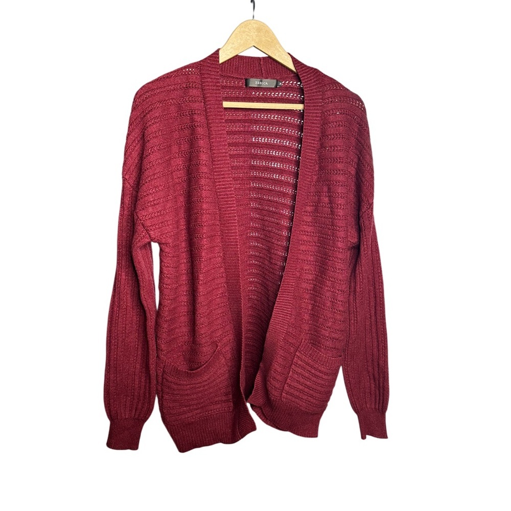 ZESICA | Burgundy Open Knit Cardigan | Lightweight | Pocket | Size M - Picture 3 of 6